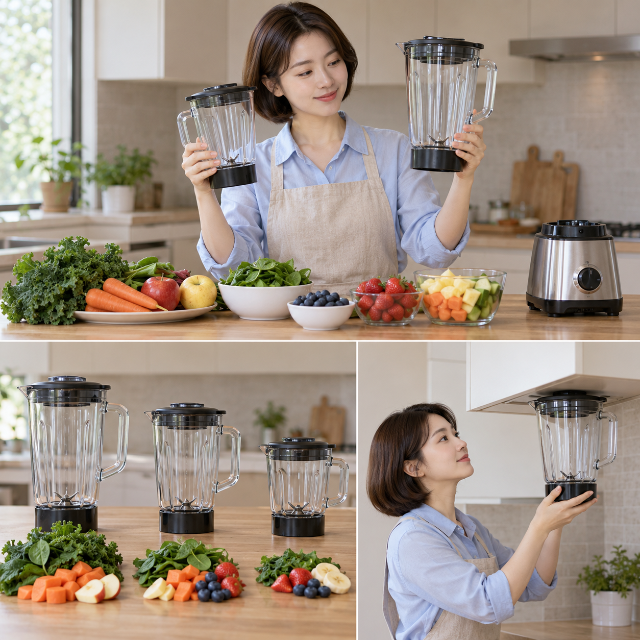설명용 생성 이미지: 성인 한국 여성이 블렌더 용기 크기와 재료 양, 상부장 높이를 함께 비교하는 장면