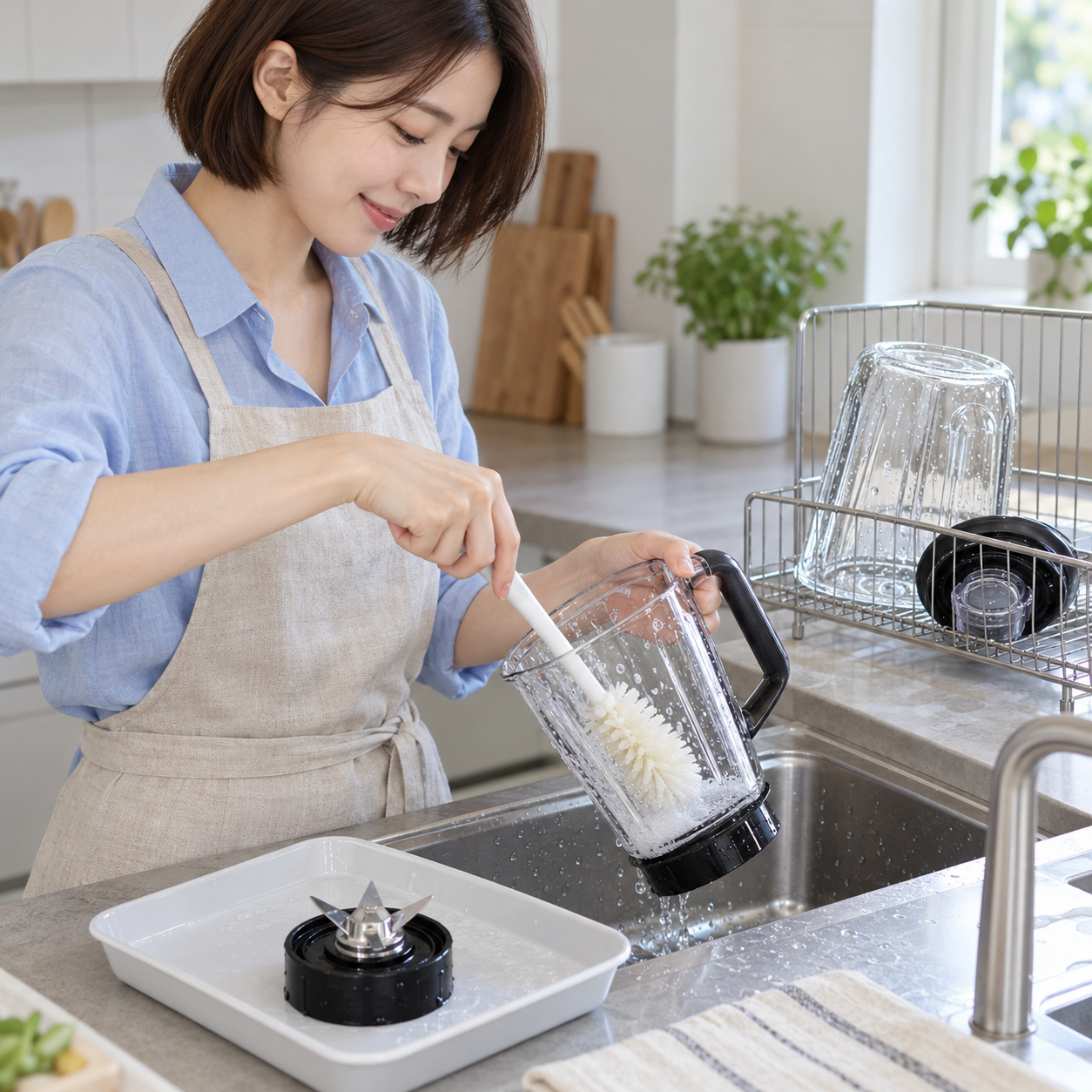 설명용 생성 이미지: 성인 한국 여성이 전원을 뽑은 블렌더 용기와 칼날 주변을 긴 솔로 세척하는 장면