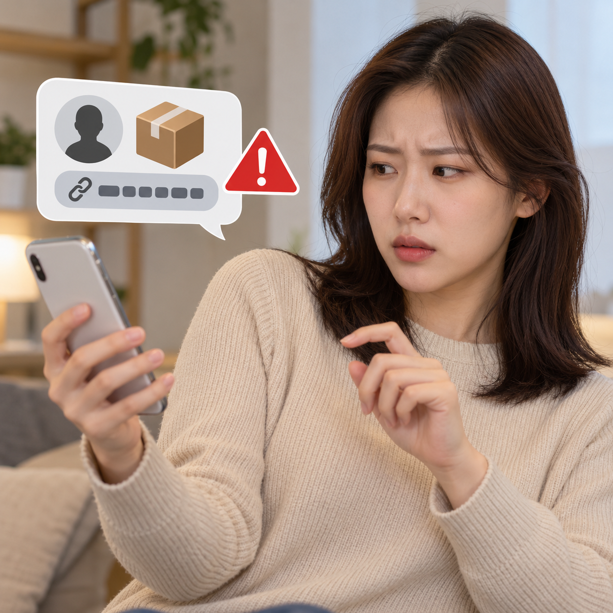 설명용 생성 이미지: 성인 한국 여성이 택배를 사칭한 의심 문자 앞에서 링크 누르기를 멈춘 장면