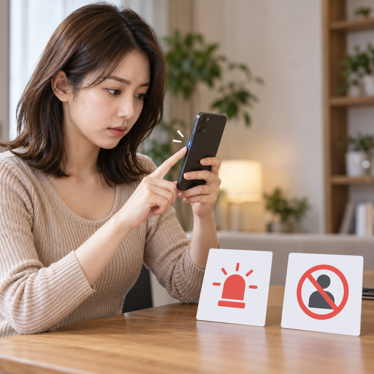 설명용 생성 이미지: 성인 한국 여성이 의심 문자를 캡처하고 신고·차단 절차를 진행하는 장면