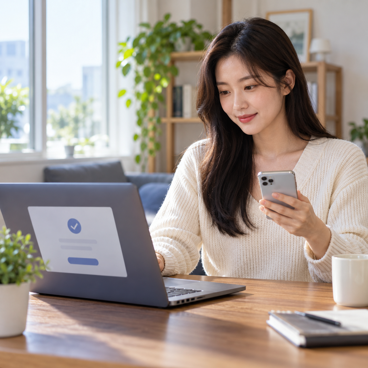새 기기에서 인증 앱 로그인을 검증하는 성인 한국 여성의 설명용 생성 이미지