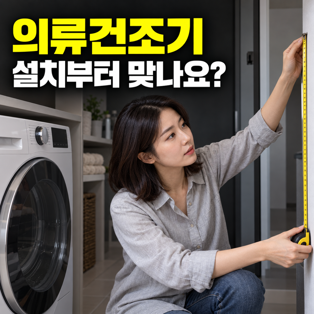 의류건조기 설치와 필터 관리 조건을 확인하는 성인 한국 여성의 설명용 생성 이미지