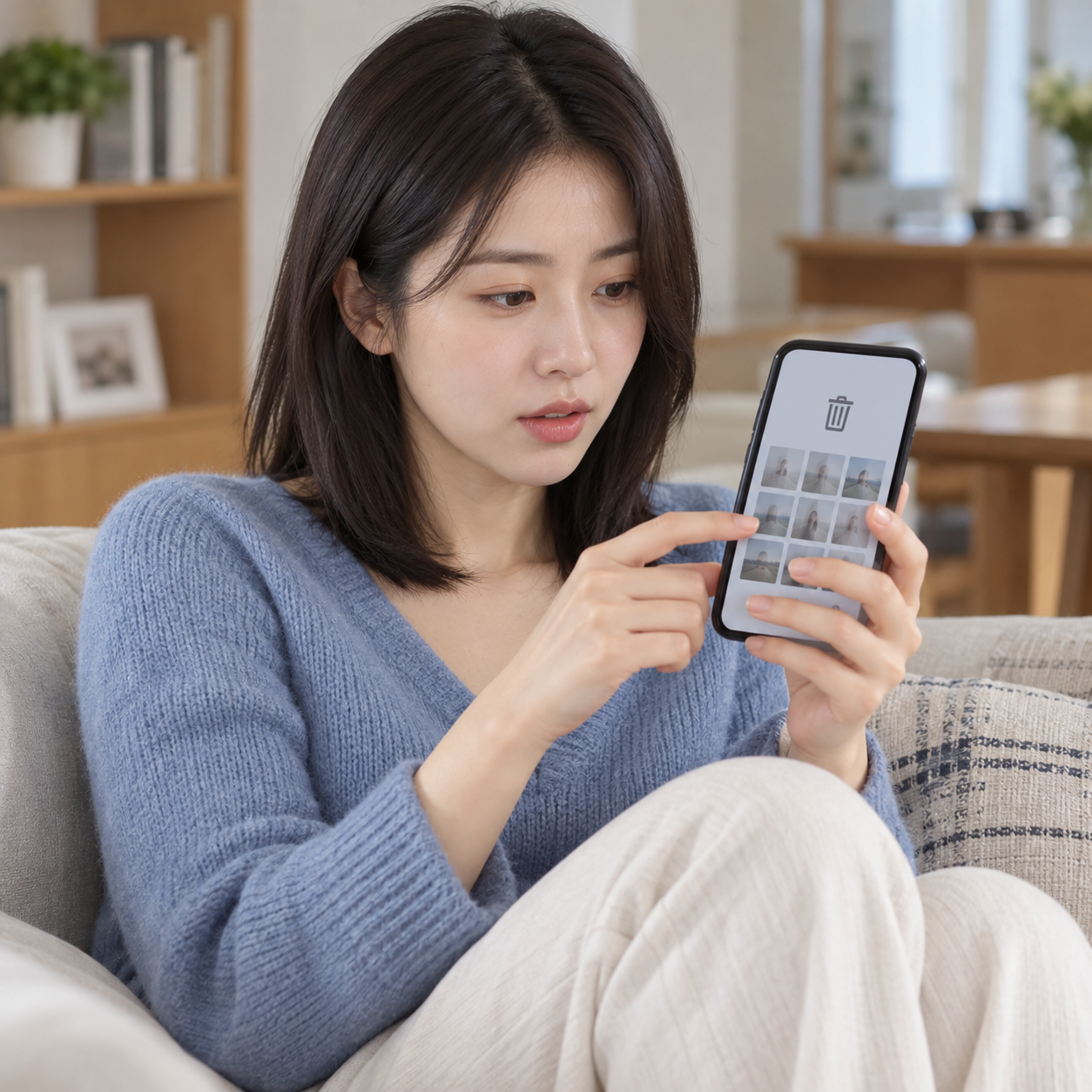 스마트폰 사진 휴지통을 확인하는 성인 한국 여성 - 설명용 생성 이미지