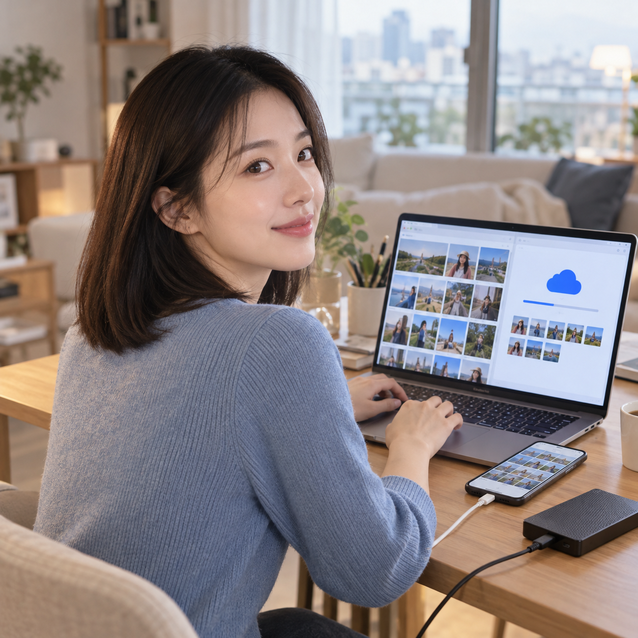 사진 백업을 노트북과 외장 저장장치에서 확인하는 성인 한국 여성 - 설명용 생성 이미지