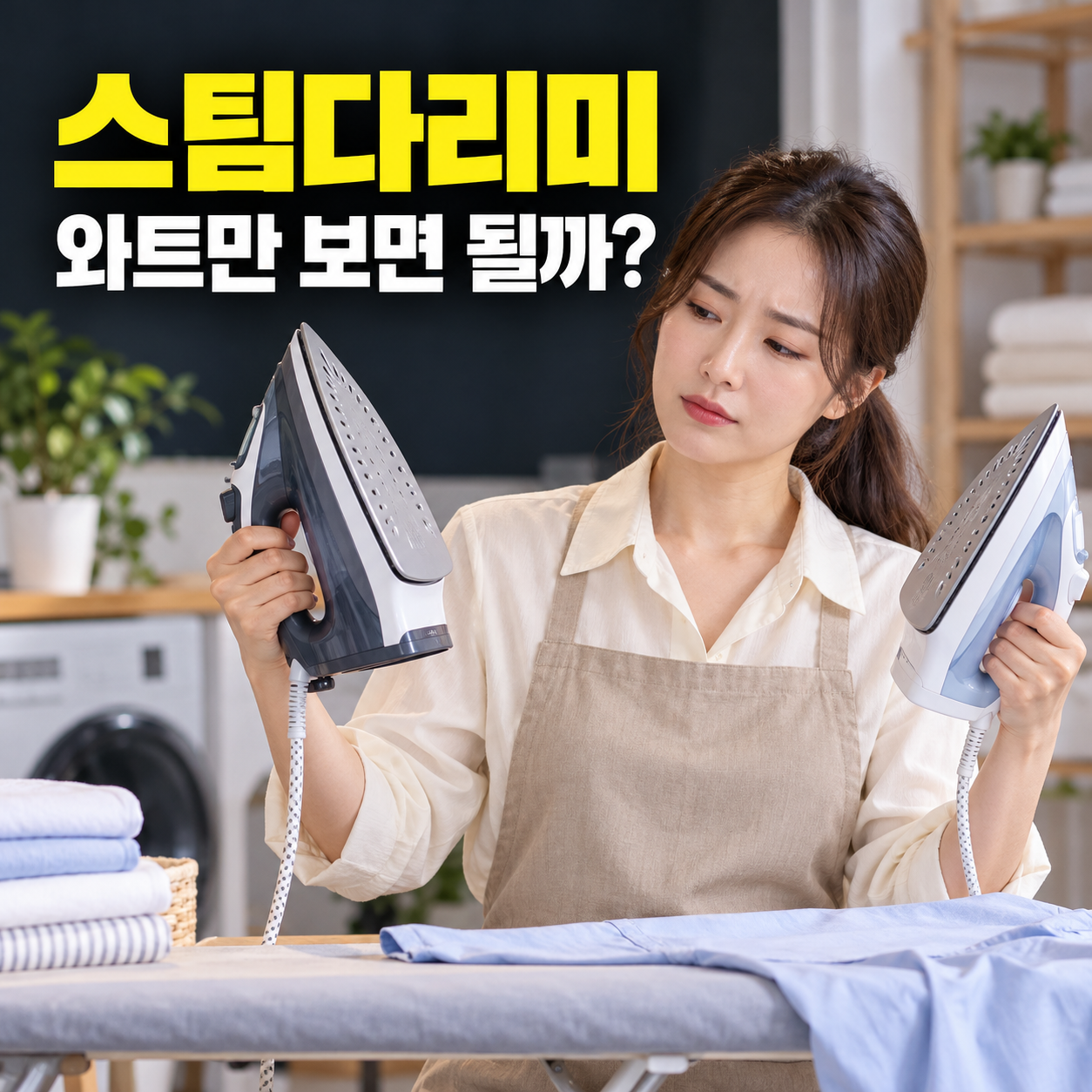 스팀다리미 선택 기준을 확인하는 성인 한국 여성의 설명용 생성 이미지