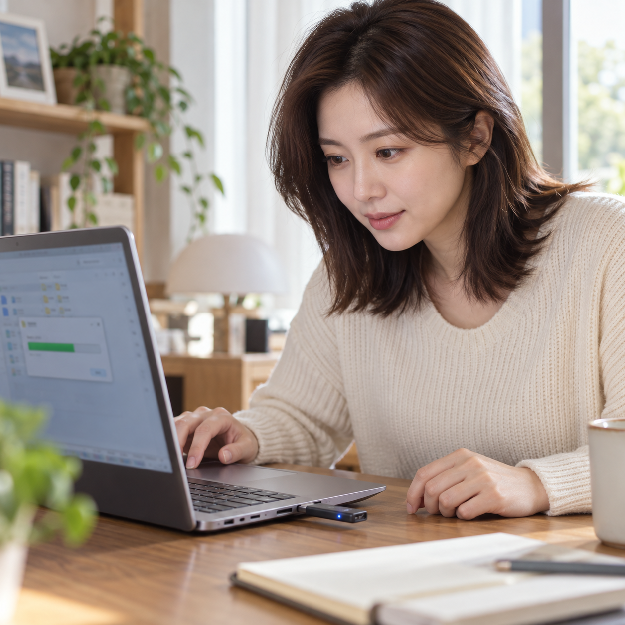 노트북 옆 USB 쓰기 작업 종료 상태를 확인하는 성인 한국 여성 - 설명용 생성 이미지