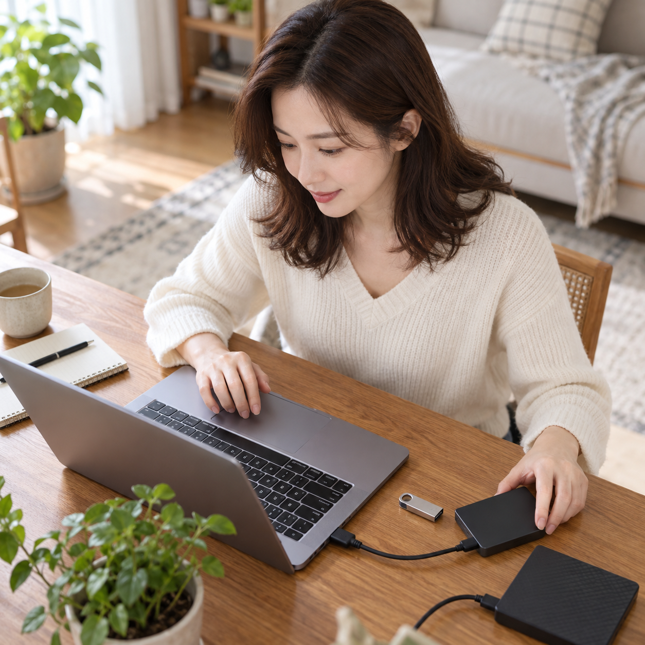 USB 복사 파일과 별도 백업을 확인하는 성인 한국 여성 - 설명용 생성 이미지