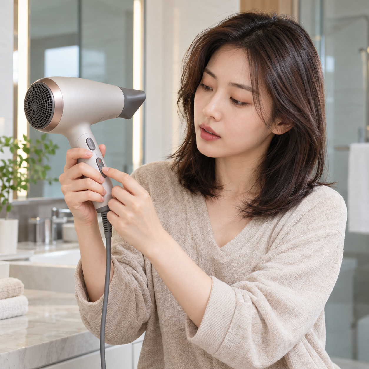 헤어드라이어의 바람과 온도 조절부를 비교하는 성인 여성 - 설명용 생성 이미지