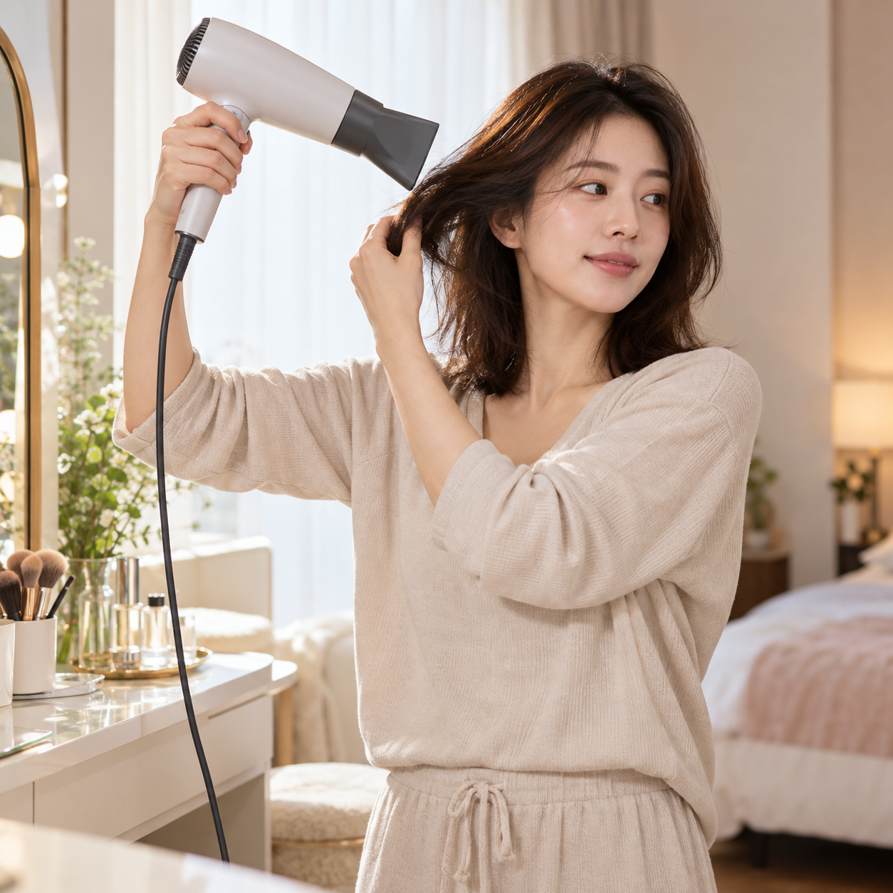 헤어드라이어 무게와 노즐 사용 자세를 확인하는 성인 여성 - 설명용 생성 이미지