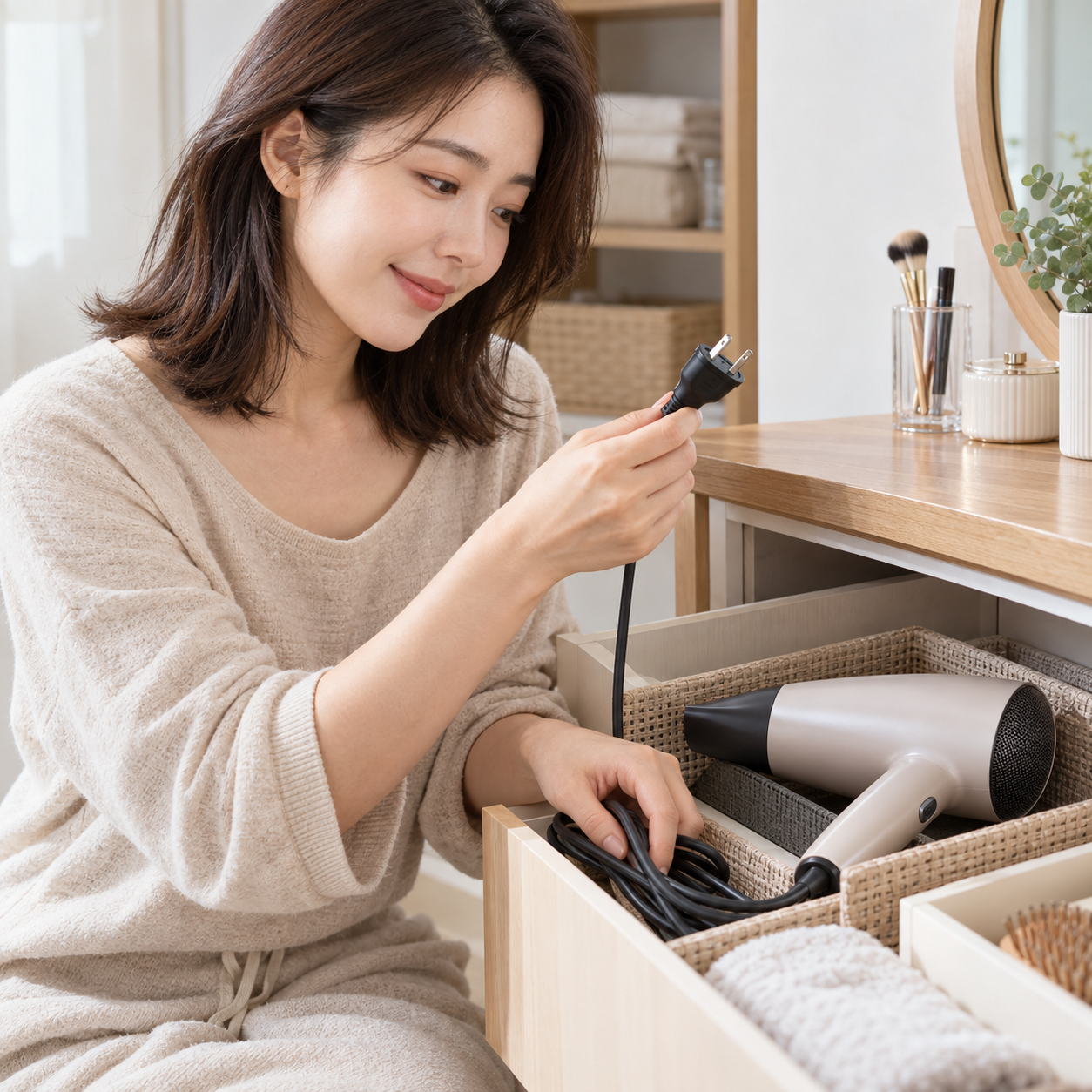 식힌 헤어드라이어의 코드와 플러그를 안전하게 보관하는 성인 여성 - 설명용 생성 이미지