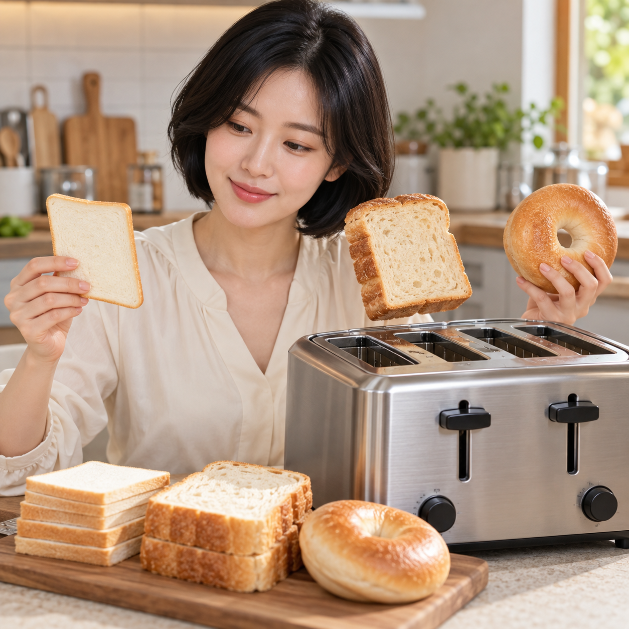 식빵·두꺼운 빵·베이글과 토스터 투입구를 비교하는 성인 여성 - 설명용 생성 이미지