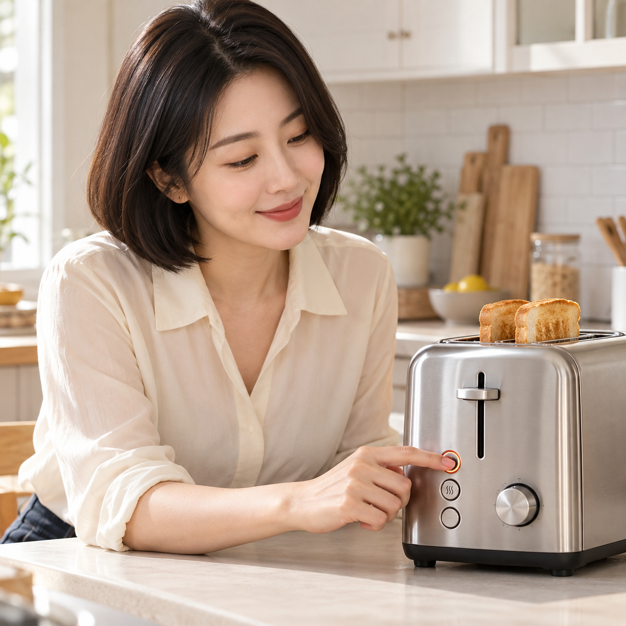 토스터의 취소와 재가열 조작부를 확인하는 성인 여성 - 설명용 생성 이미지