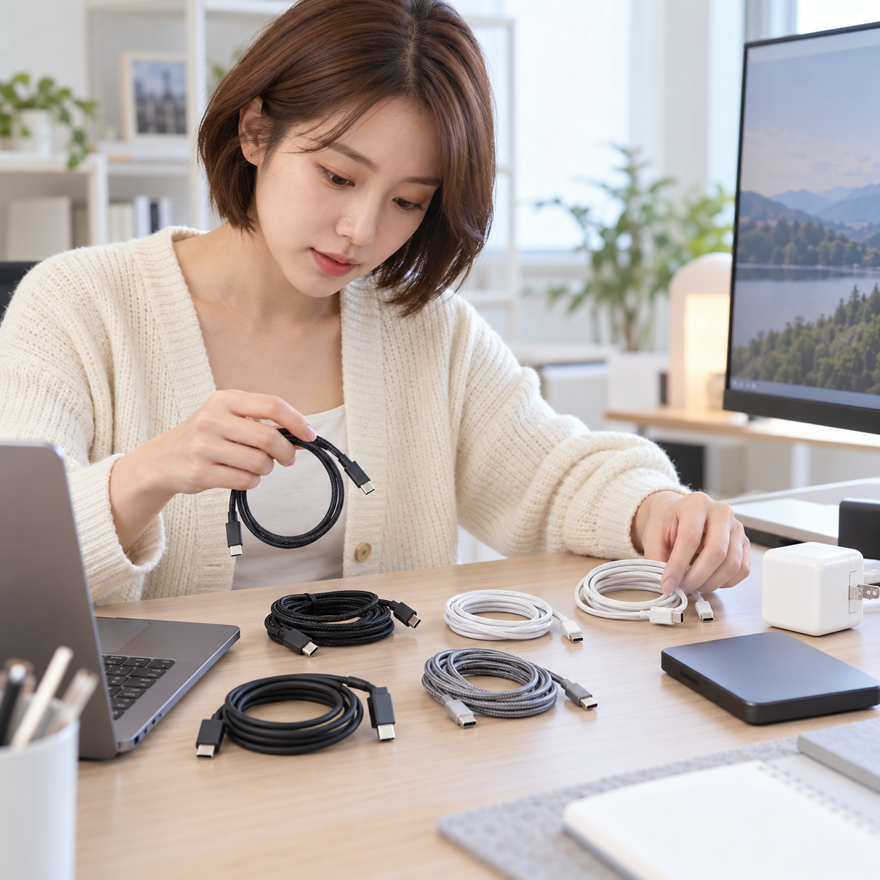 겉모습이 비슷한 USB-C 케이블을 용도별로 분류하는 성인 여성 - 설명용 생성 이미지