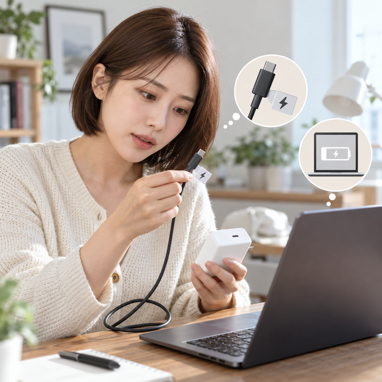 USB-C 케이블 전력 조건을 노트북 충전기와 대조하는 성인 여성 - 설명용 생성 이미지