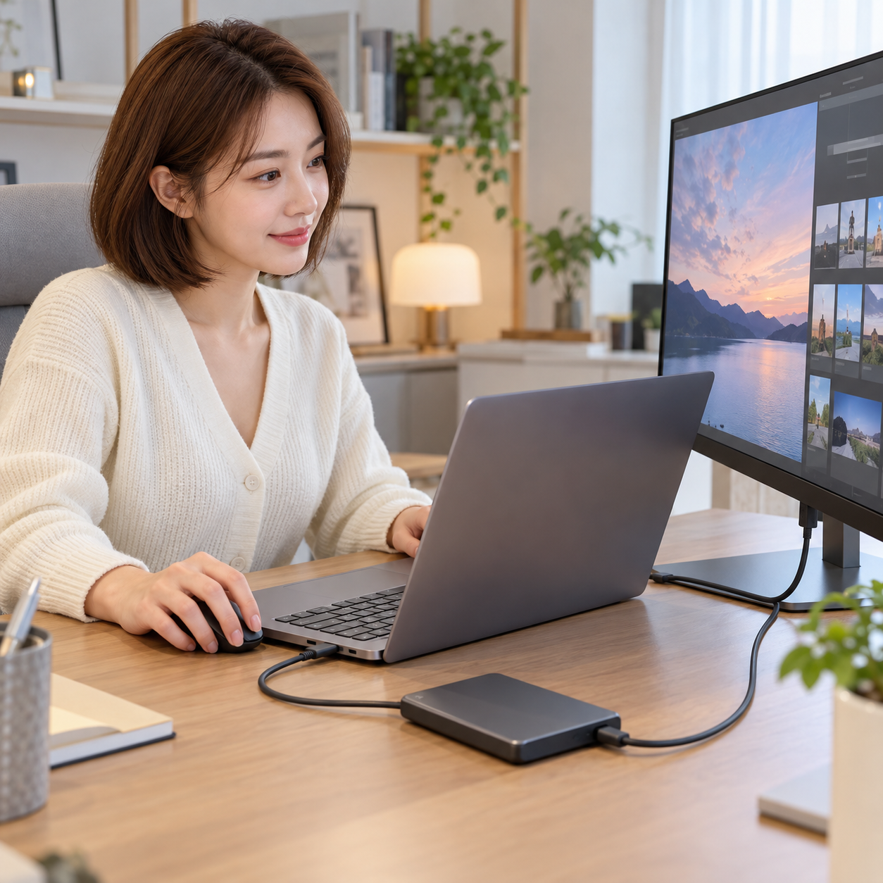 노트북·외장 저장장치·모니터의 USB-C 연결을 확인하는 성인 여성 - 설명용 생성 이미지