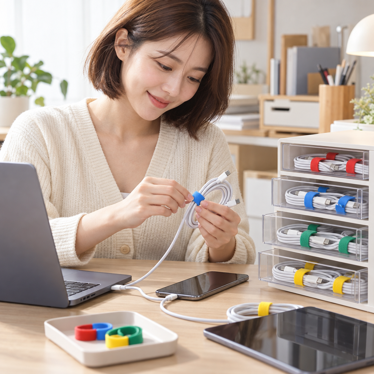 검증한 USB-C 케이블을 색 띠로 구분해 정리하는 성인 여성 - 설명용 생성 이미지
