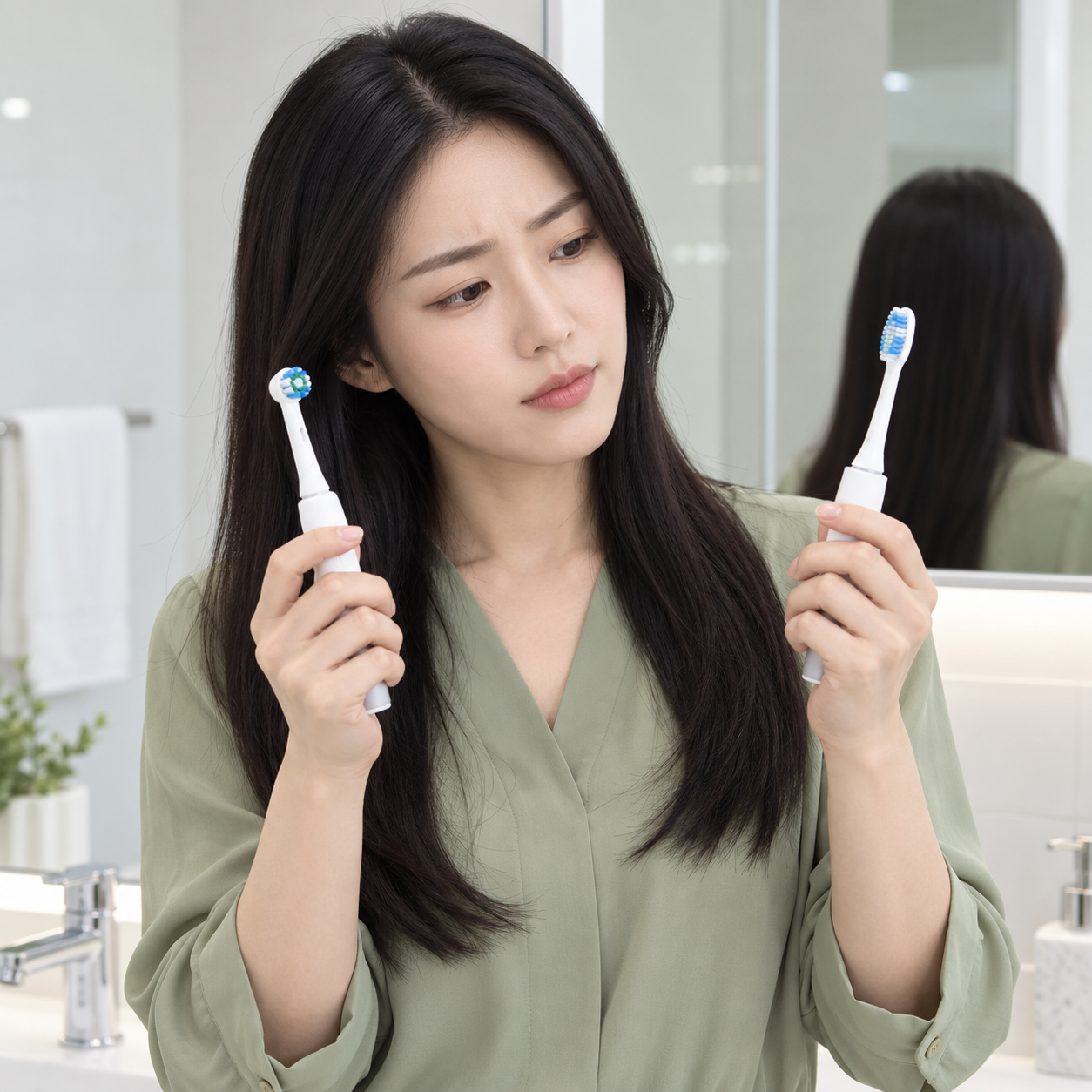 원형과 길쭉한 전동칫솔 헤드를 비교하는 성인 한국 여성 - 설명용 생성 이미지