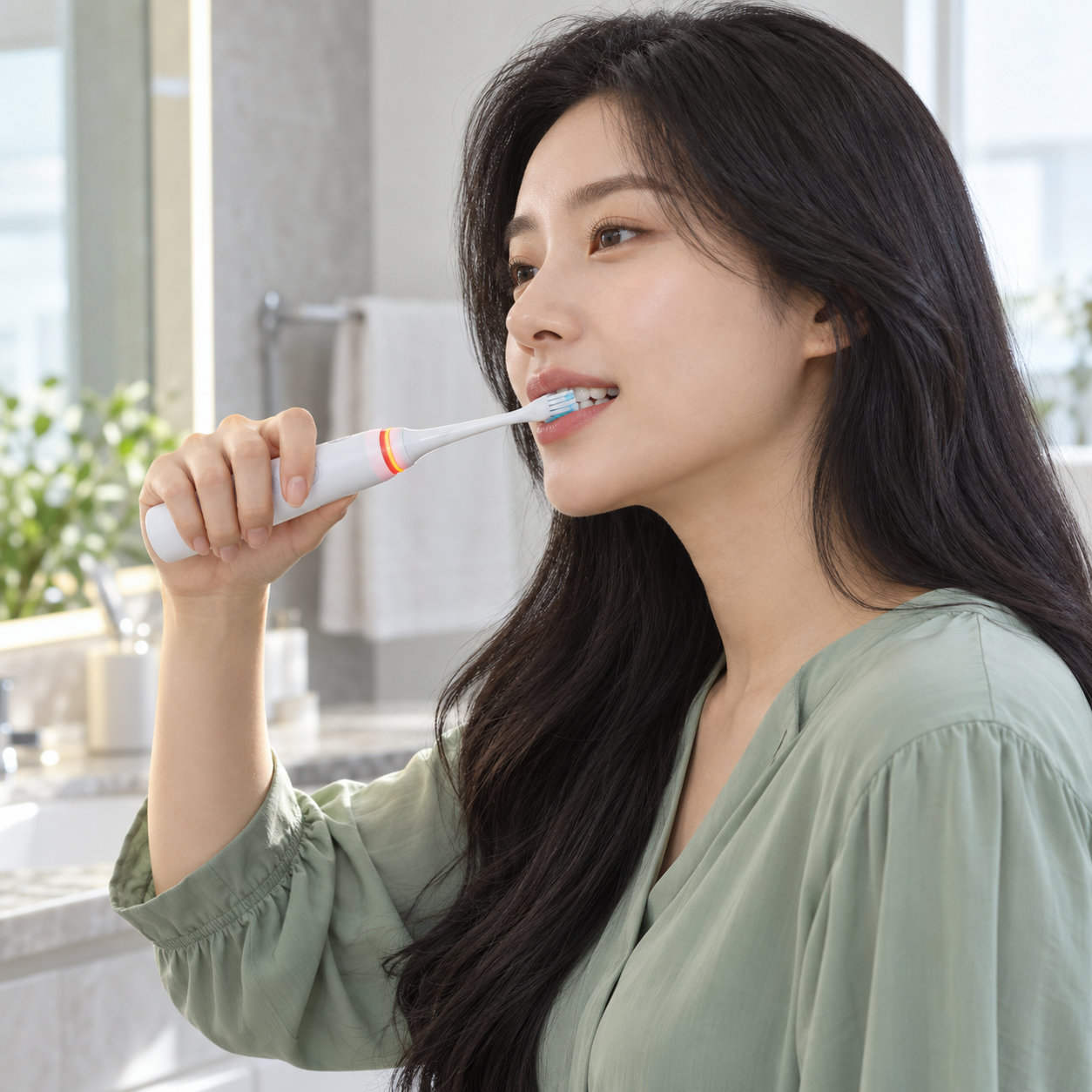 전동칫솔의 압력 알림 불빛을 확인하며 양치하는 성인 한국 여성 - 설명용 생성 이미지