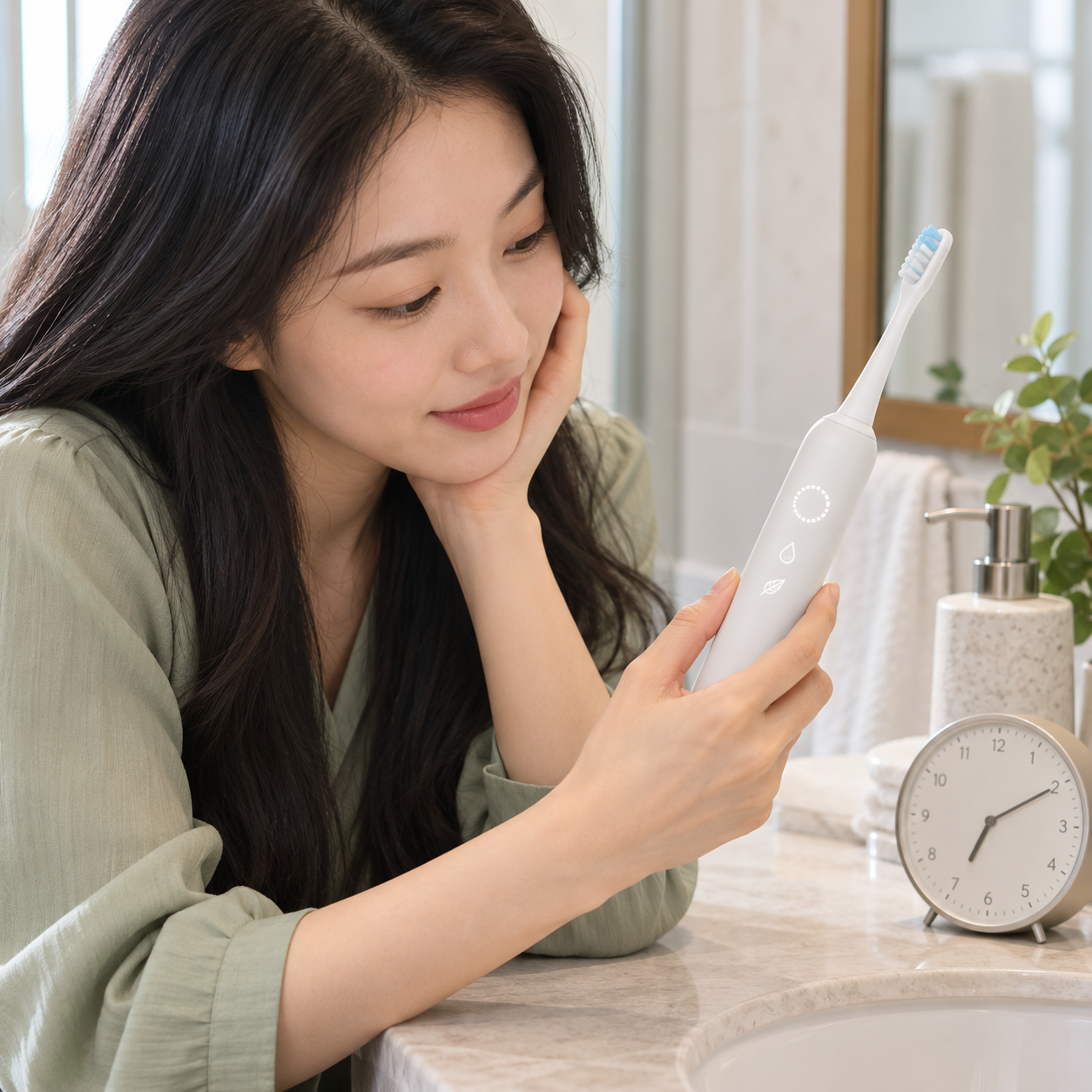 전동칫솔 타이머와 모드 아이콘을 살펴보는 성인 한국 여성 - 설명용 생성 이미지