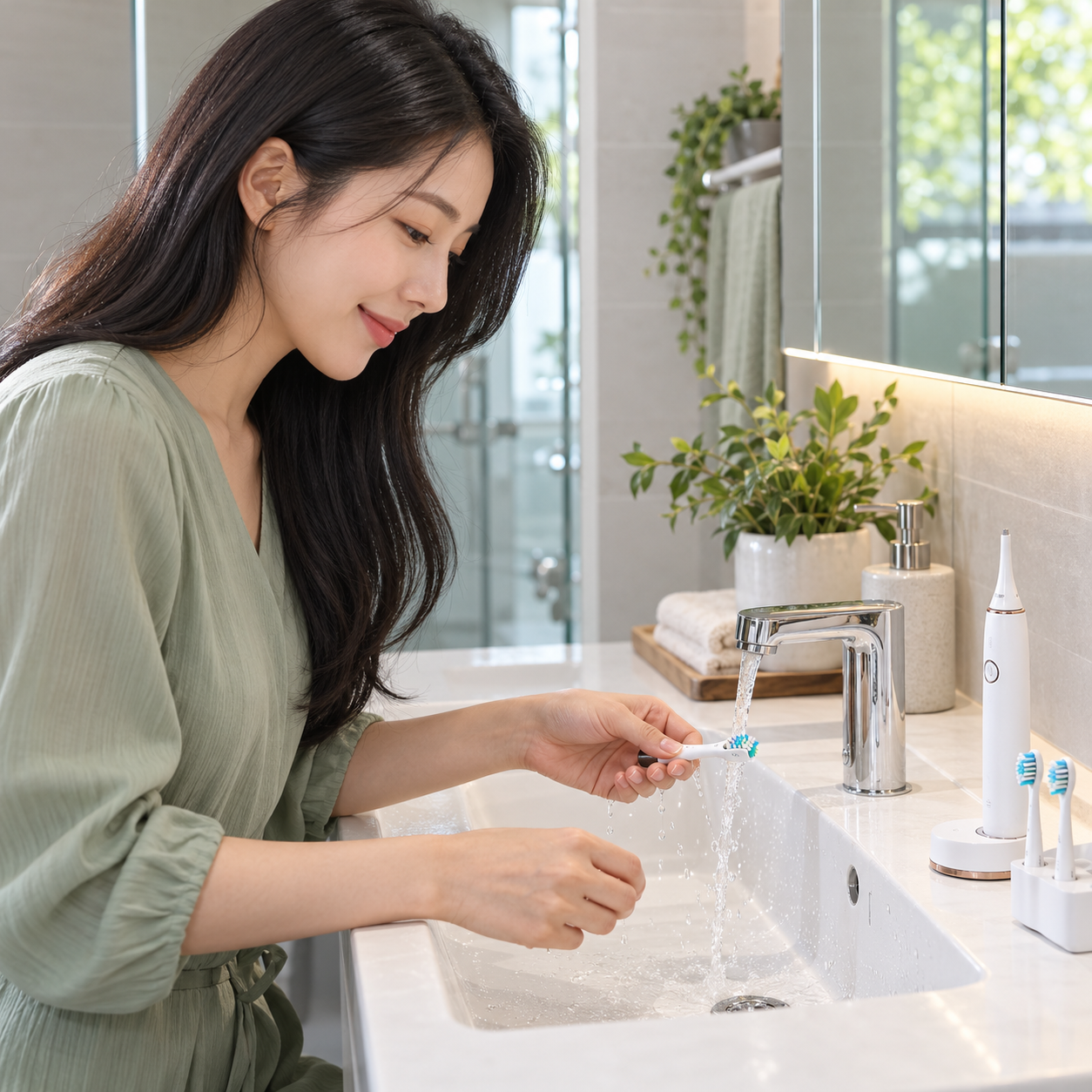 분리한 전동칫솔 헤드를 물로 씻고 충전대를 건조하게 두는 성인 한국 여성 - 설명용 생성 이미지