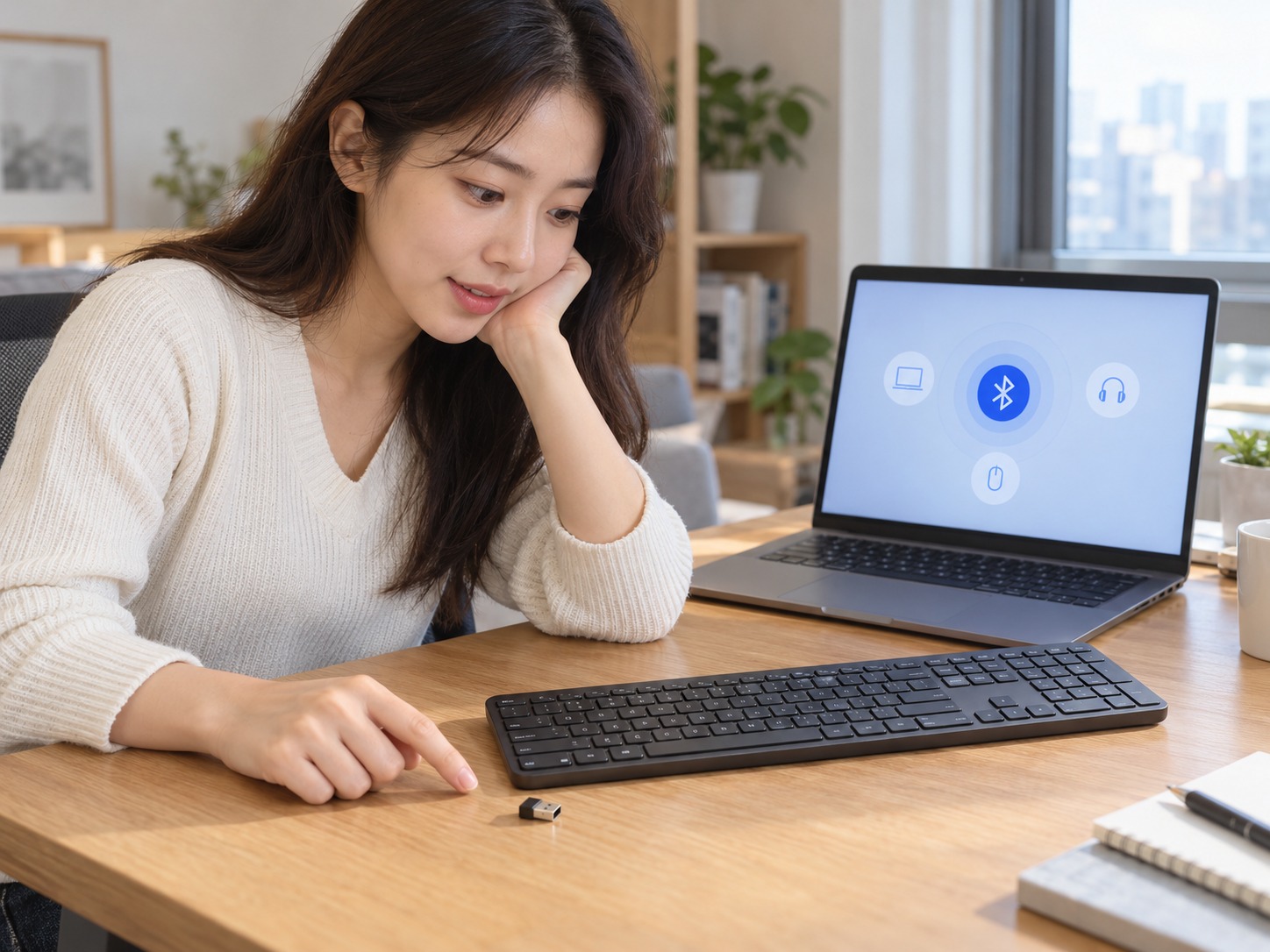 AI 생성 예시 이미지: 무선 키보드와 블루투스 연결, USB 수신기를 비교하는 성인 한국 여성