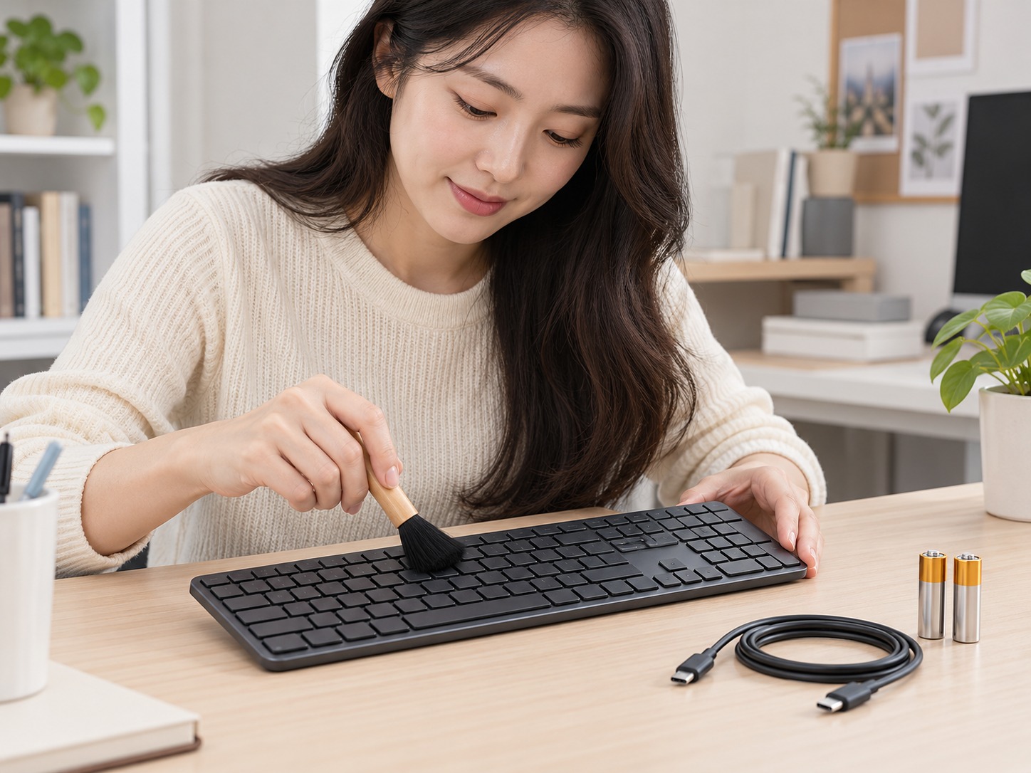 AI 생성 예시 이미지: 전원을 끈 무선 키보드를 마른 솔로 청소하고 전원 방식을 확인하는 성인 한국 여성